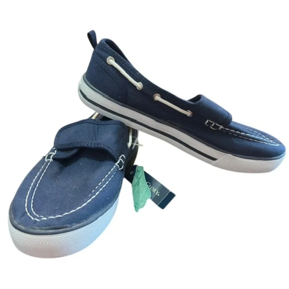 Faded Glory Boat Shoes Navy Blue Canvas Hook Loop Strap Mens Size 8 NEW